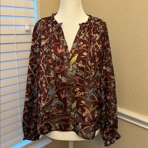 J.Crew Point Sur Menagerie Birds Ruffle Neck Popover Blouse Woman's Small